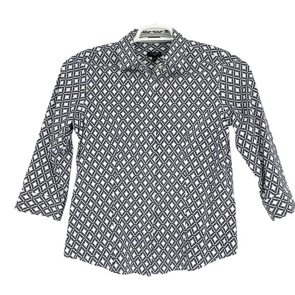 Talbots Button Down Shirt Blue White Geometric Cotton Petite 6 Wrinkle Resistant - Picture 1 of 9